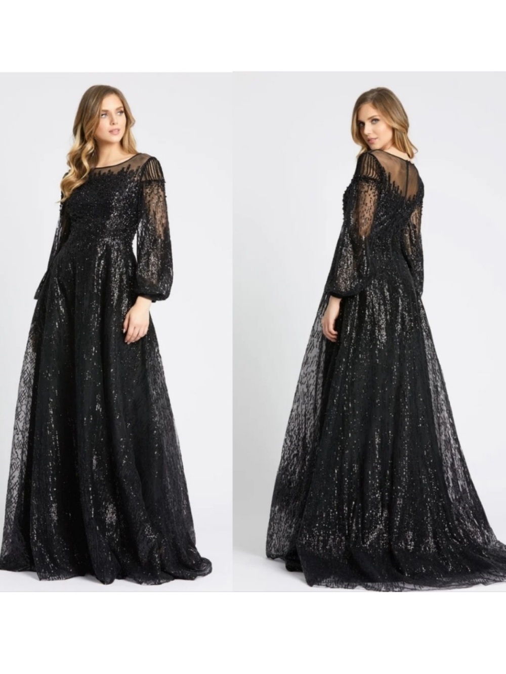 Mac Duggal Black Jewel Encrusted Illusion Long Sleeve A Line Evening Gown Dress